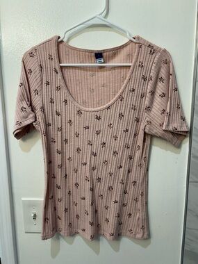 💐Ribbed Scoop Neck Short Sleeve Top - Dusty Pink Floral